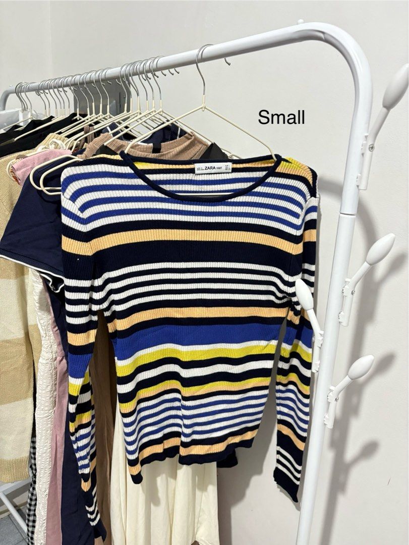 Zara Striped Long Sleeve Sweater - Size Small (Category: Longsleeves) located in Pasay City. Submitted by sheiloah (Listing ID 1448216577, Image 1). Description: - Cute Zara striped sweater - Colors: Navy, white, yellow, blue, peach - Style: Long sleeves, crew neck - Material: Ribbed knit - Estimated Size: Small - Versatile: Great for layering or wearing alone.