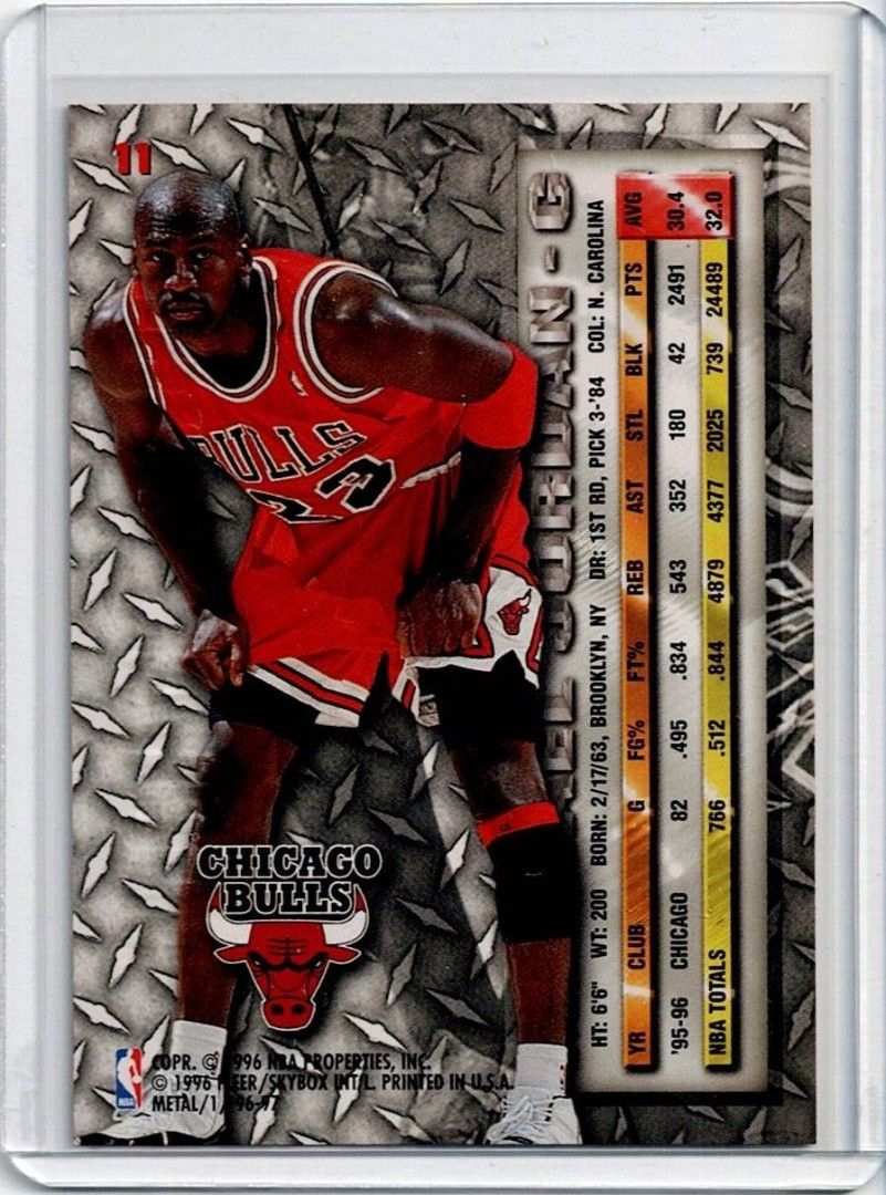 1996 Skybox Metal Michael Jordan #11 (Category: Raw Singles) located in Pasig City. Submitted by x119362 (Listing ID 1446407174, Image 2). Description: - Ungraded - 1996 Skybox Metal Michael Jordan card #11 - Strike while the iron is hot—the card’s value is climbing. 😉 * Kindly be reasonable with your offers and negotiate based on the card's actual market value. Let's avoid low-balling, please!.