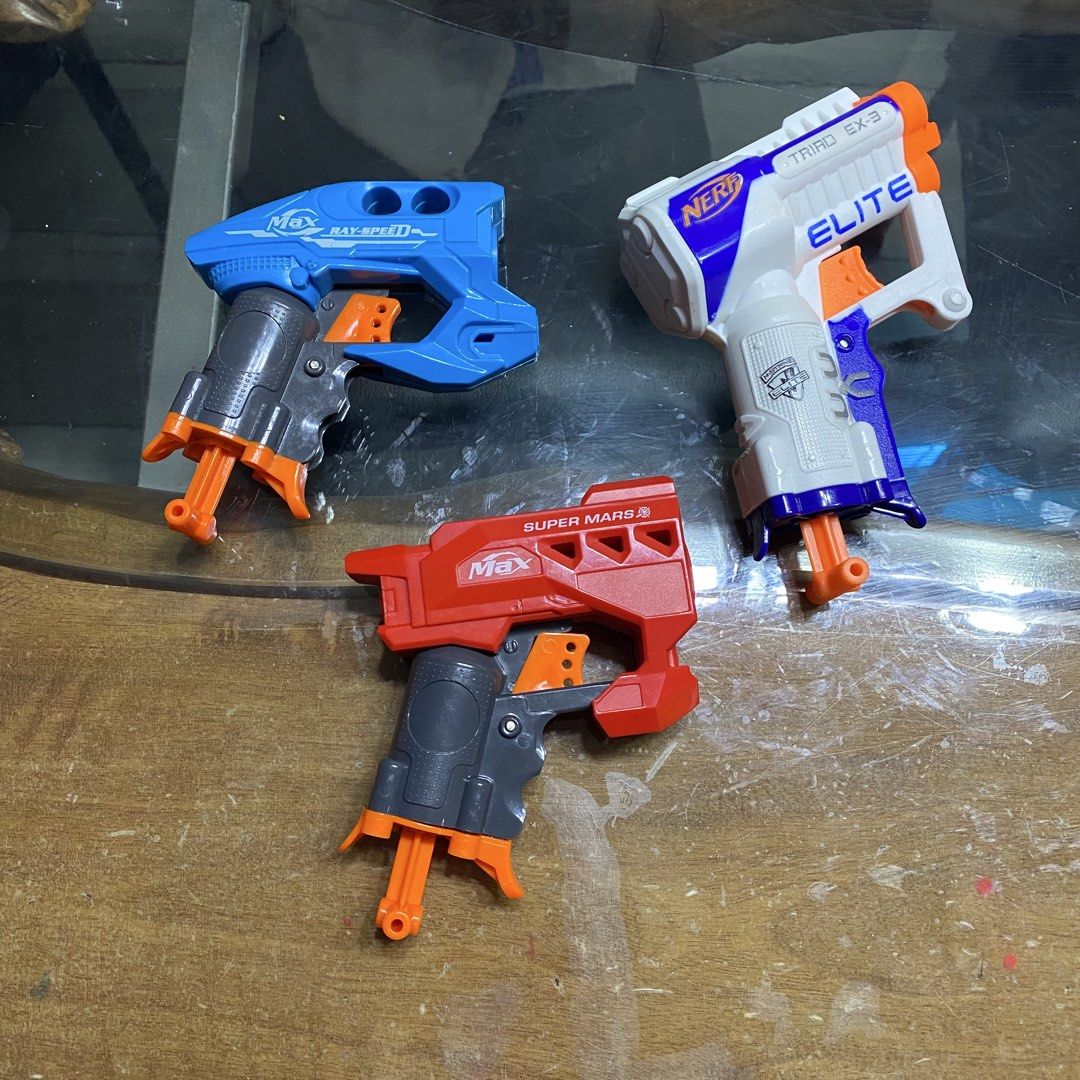 3 Nerf Elite Blasters Triad EX-3 (Category: Action & Battle Toys) located in Quezon City. Submitted by little_aiashop (Listing ID 1448327287, Image 1). Description: - all 3 guns for 280 - includes 10 bullets.