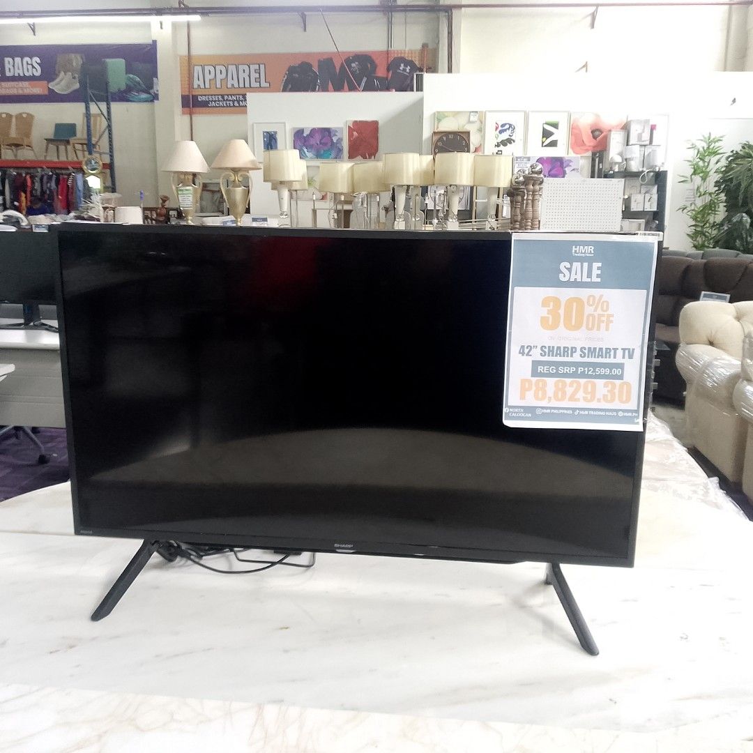 42" Sharp Smart TV on Sale (Category: TV) located in Manila. Submitted by cleverwolf.07545a (Listing ID 1448283471, Image 1). Description: - Sharp 42-inch Smart TV - Original Price: P12,195.00 - Sale Price: P8,829.30 - Discount: 30% off - Ideal for all your entertainment needs.