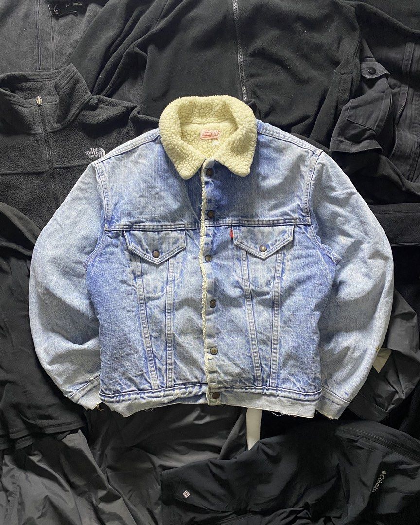 70's Levi's Denim Sherpa Lined Trucker Jacket (Category: Coats, Jackets and Outerwear) located in Quezon City. Submitted by wekidds (Listing ID 1448477420, Image 1). Description: Width: 22 Inches Length: 25 Inches Vintage Condition/ Stain at the back/ Tattered Ribbings & Hem.
