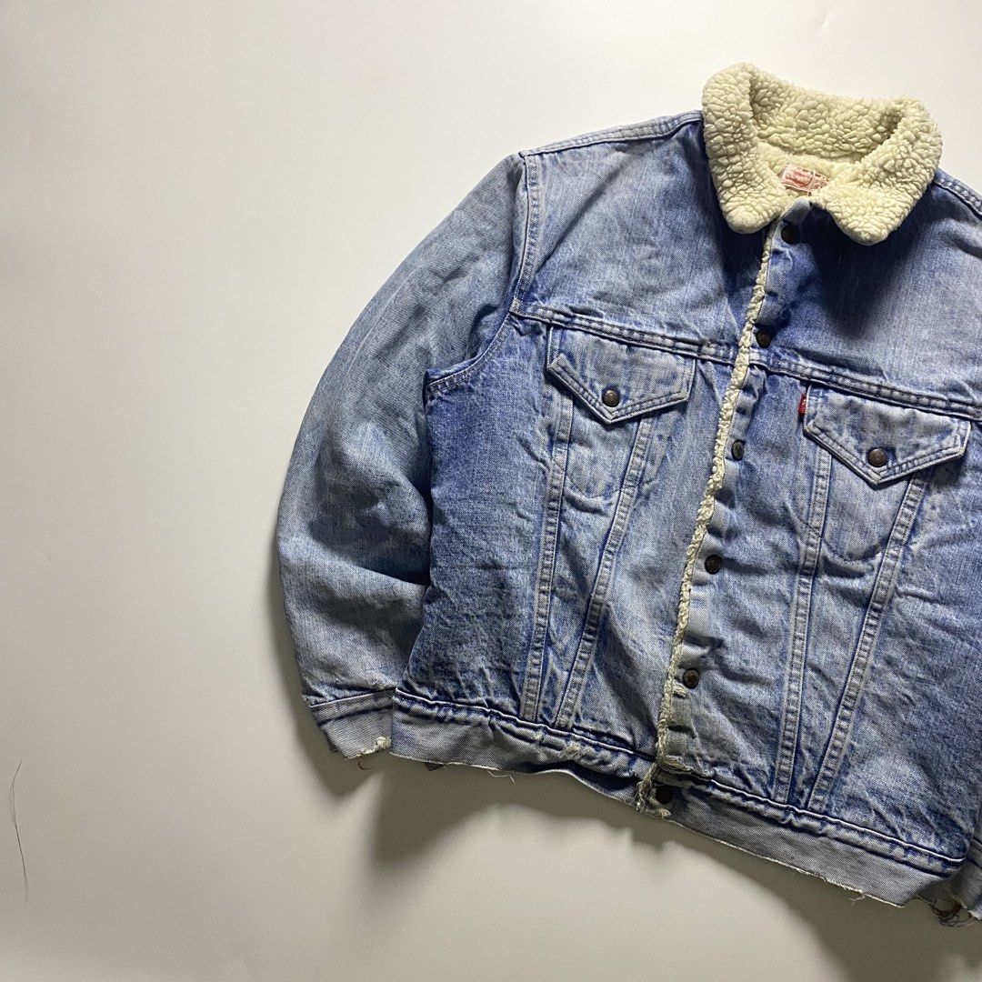70's Levi's Denim Sherpa Lined Trucker Jacket (Category: Coats, Jackets and Outerwear) located in Quezon City. Submitted by wekidds (Listing ID 1448477420, Image 2). Description: Width: 22 Inches Length: 25 Inches Vintage Condition/ Stain at the back/ Tattered Ribbings & Hem.