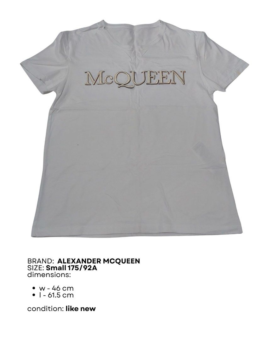 Alexander McQueen White Mcqueen Logo T-shirt (Category: Tshirts & Polo Shirts ) located in Quezon City. Submitted by _ysxh (Listing ID 1448301324, Image 1). Description: - Authentic Alexander McQueen White T-shirt - Features iconic McQueen logo on the front - Size: Small - Measurements: Width 46 cm, Length 61.5 cm - Perfect addition to elevate your style RFS: Decluttering - Shipping to be shouldered by buyer (Item is located in Quezon City) - Mod