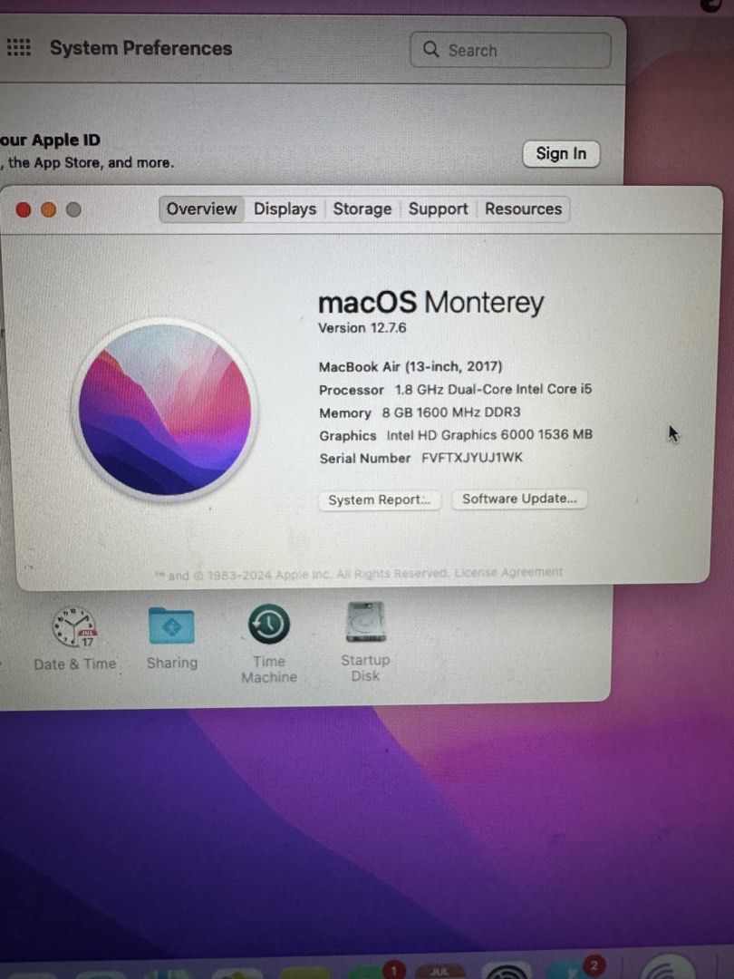 Apple MacBook Air 13-inch 2017 Intel Core i5 (Category: Laptops & Notebooks) located in Quezon City. Submitted by maes3 (Listing ID 1448466774, Image 3). Description: - 2017 MacBook Air (13-inch) - macOS Monterey 12.7.6 - 1.8 GHz Intel Core i5 Processor - 8 GB RAM - Intel HD Graphics 6000 - Serial Number: FVFTXJYUJ1WK - Ideal for everyday tasks and schoolwork.