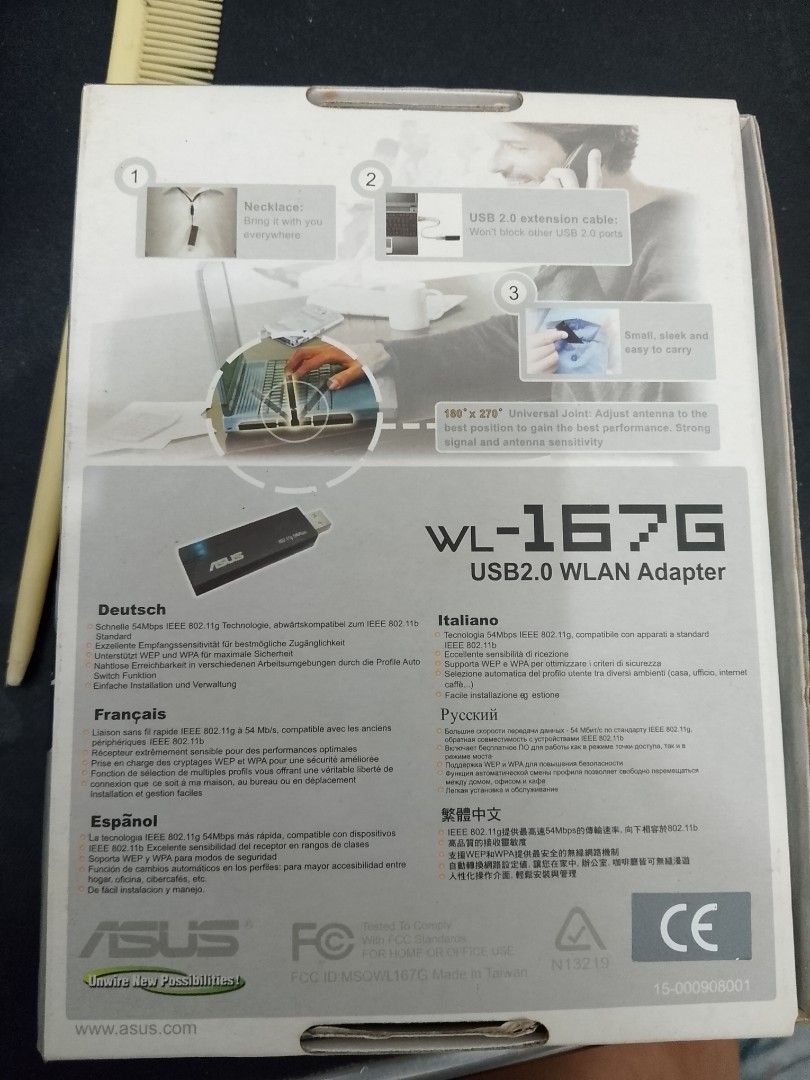 ASUS WL-167G USB 2.0 WLAN Adapter 802.11g 54Mbps (Category: Networking) located in Tanah Merah. Submitted by suffianmoh12948 (Listing ID 1448439014, Image 2). Description: - ASUS WL-167G USB 2.0 WLAN Adapter - Supports 802.11g standard for up to 54Mbps speeds - Easy plug-and-play installation - Comes with a USB extension cable for optimal placement - Ideal for improving your Wi-Fi signal strength - Manufactured in Taiwan.
