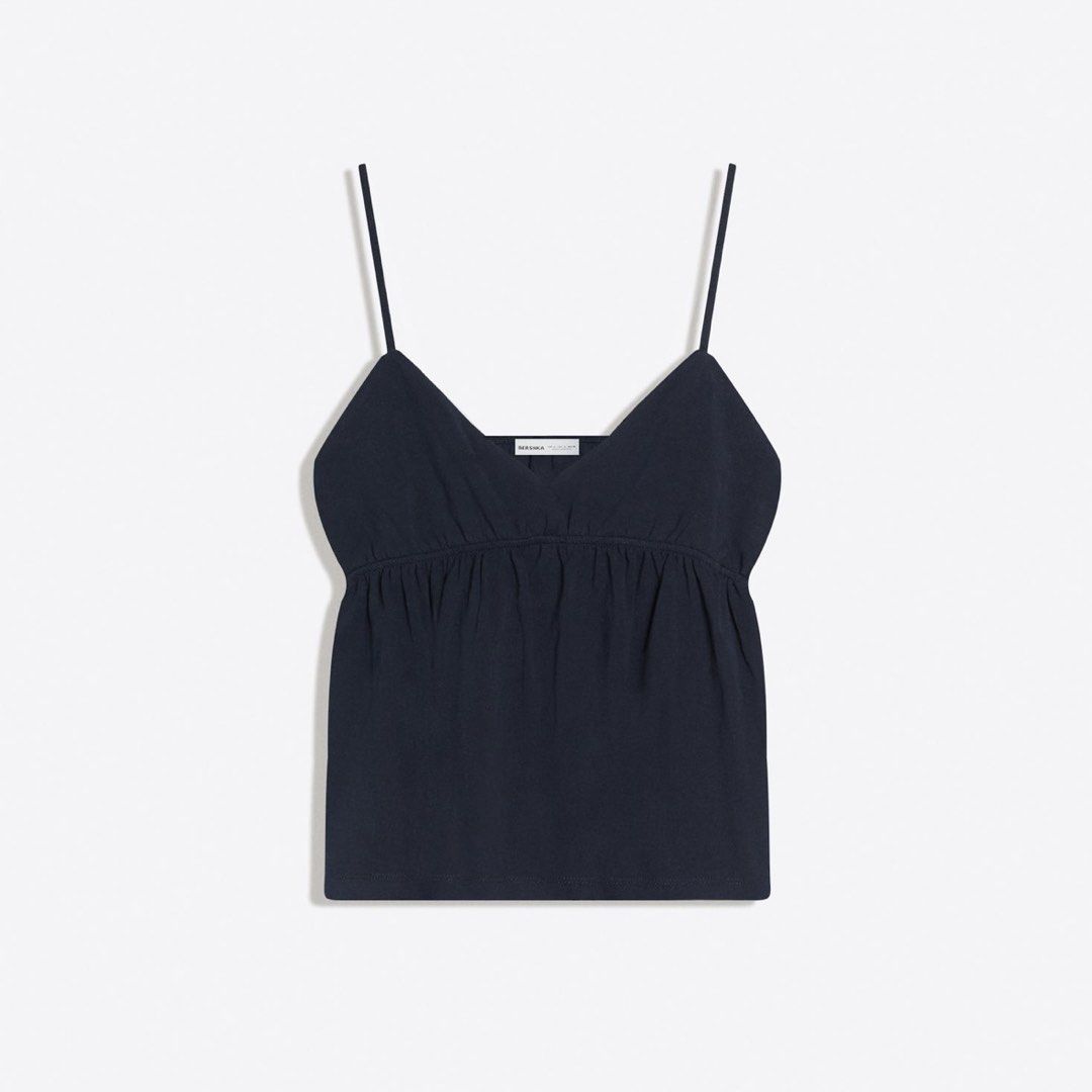 Bershka Navy Blue Cami Top with Adjustable Straps (Category: Sleeveless) located in Taguig. Submitted by barbequeIU (Listing ID 1448294324, Image 3). Description: medium on tag but can fit xs-s srp 795 but selling low since used this once for laufey concert.