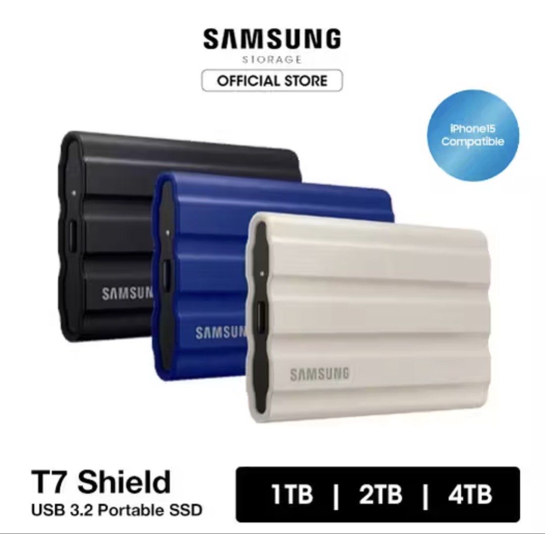 Black Samsung T7 Shield USB 3.2 Portable SSD (2TB) (Category: Hard Disks & Thumbdrives) located in Manila. Submitted by laiaaaa (Listing ID 1448353397, Image 2). Description: - Black Samsung T7 Shield Portable SSD - USB 3.2 for fast transfers - Durable, rugged rubber exterior - 2TB Capacity - Blazing fast speeds: Up to 1050 MB/s read, 1000 MB/s write - Apple and Android compatible - Compact and lightweight design.