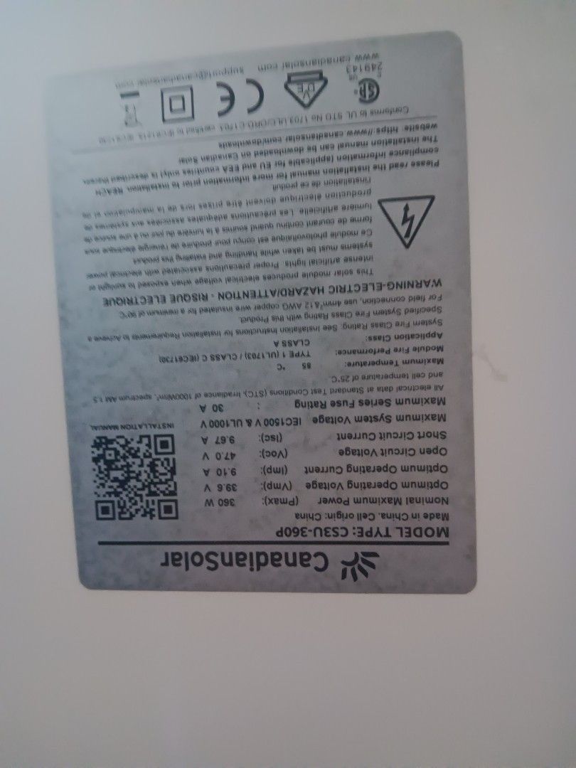 Canadian Solar CS3-360P Solar Panel (Category: Lighting) located in Mandaluyong City. Submitted by g_ramirez (Listing ID 1448363580, Image 3). Description: For sale: 12pcs pre owned 360W Canadian Solar CS3-360P solar panels with mounting hardware (aluminum railings, L-feet, mid & end clamps, grounding clamps). Used for 5 years, excellent condition, no issues = 50k >Bring your own PV tester >Not selling per piece Mandaluyong City..