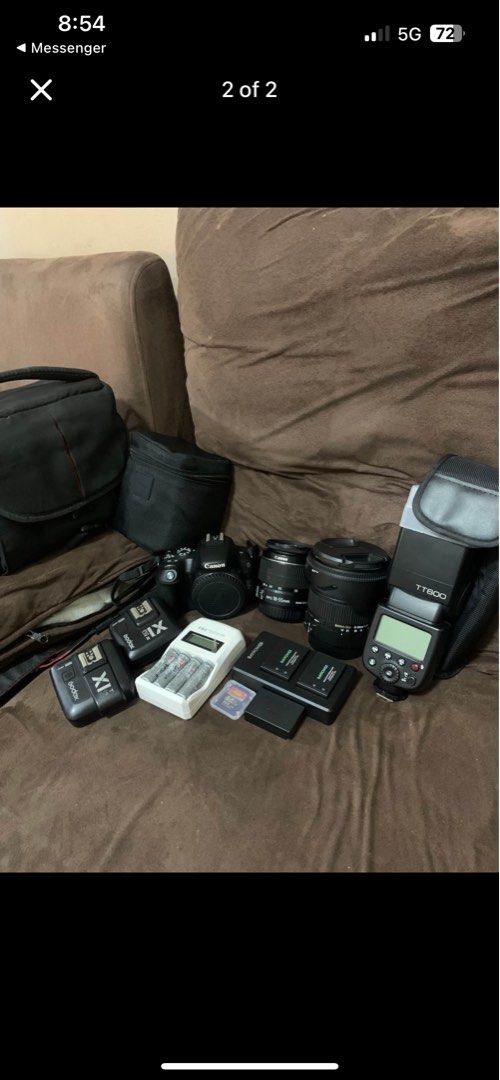Canon DSLR Camera with Lenses and Accessories (Category: Cameras) located in Lubao. Submitted by yazlurpie (Listing ID 1448411900, Image 1). Description: 45k canon 200d kit lens 17-50 2.8 sigma tt600 x1 transmitter x1 receiver 2 rav power battery 1 canon battery 64gb sd card.