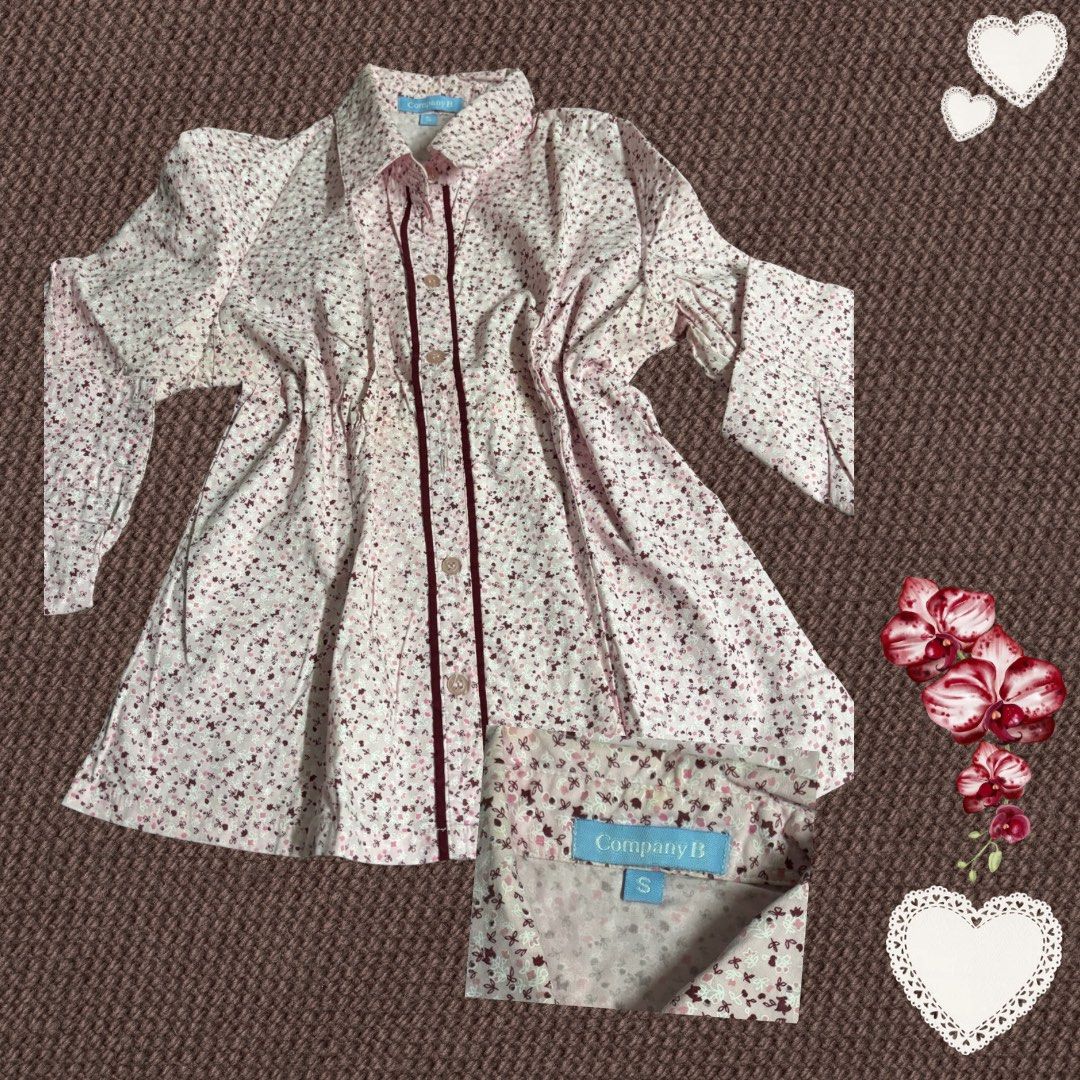 Company B Floral Button-Up Shirt (Category: Shirts) located in Manila. Submitted by menthilda (Listing ID 1448337189, Image 1). Description: - Cute floral print long-sleeve shirt - Brand: Company B - Button-up front - Cinched waist detail - Dark trim down the front - Estimated size: S - Ideal for casual wear.