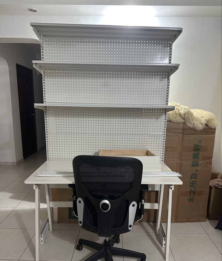 computer study desk with 3 layer book shelf (Category: Tables & Sets) located in Singapore. Submitted by yingyingsg (Listing ID 1448281359, Image 2). Description: move out sell desk set including, *1.2m white wooden table ×1 1 year old *1.2m width x2.1m height book rack x1 2 years old *chair x1 self collect at hougang blk409 .