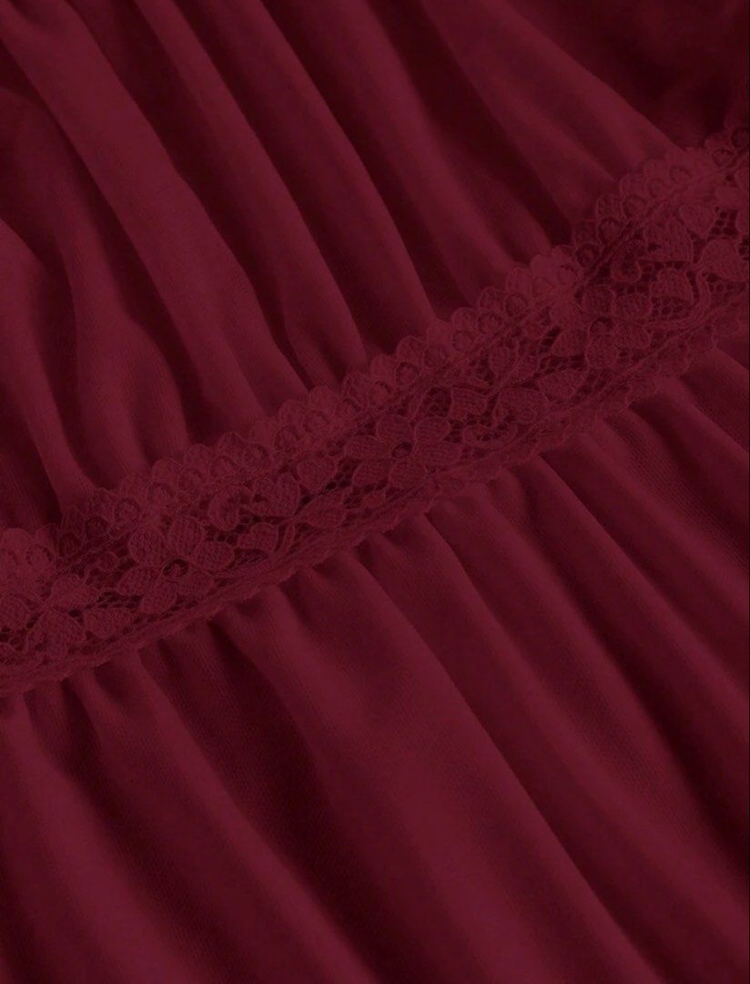 Burgundy Cotton Summer Square Neck Tie Front Tee (Category: Blouses) located in Paranaque City. Submitted by gotokloset (Listing ID 1448432938, Image 3). Description: Bought for 383. Worn once - Burgundy tie-front top - Made with 95% breathable cotton - Features a cute square neckline with lace trim - Short puff sleeves - Adjustable tie front for a customized fit - Ideal for summer wear.