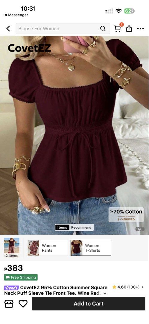 Burgundy Cotton Summer Square Neck Tie Front Tee (Category: Blouses) located in Paranaque City. Submitted by gotokloset (Listing ID 1448432938, Image 2). Description: Bought for 383. Worn once - Burgundy tie-front top - Made with 95% breathable cotton - Features a cute square neckline with lace trim - Short puff sleeves - Adjustable tie front for a customized fit - Ideal for summer wear.