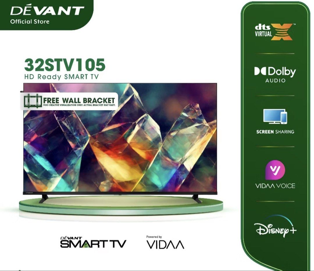 Devant 32STV105 HD Ready Smart TV with Free Wall Bracket (Category: TV) located in Tagbilaran City. Submitted by hkala (Listing ID 1448339003, Image 1). Description: - on hand Devant 32-inch Smart TV (Model: 32STV105) - HD Ready Resolution - Immersive Sound: DTS Virtual X & Dolby Audio - Smart Features: Screen Sharing & Vidda Voice Support - FREE Wall Bracket Included - Perfect for your home entertainment!.