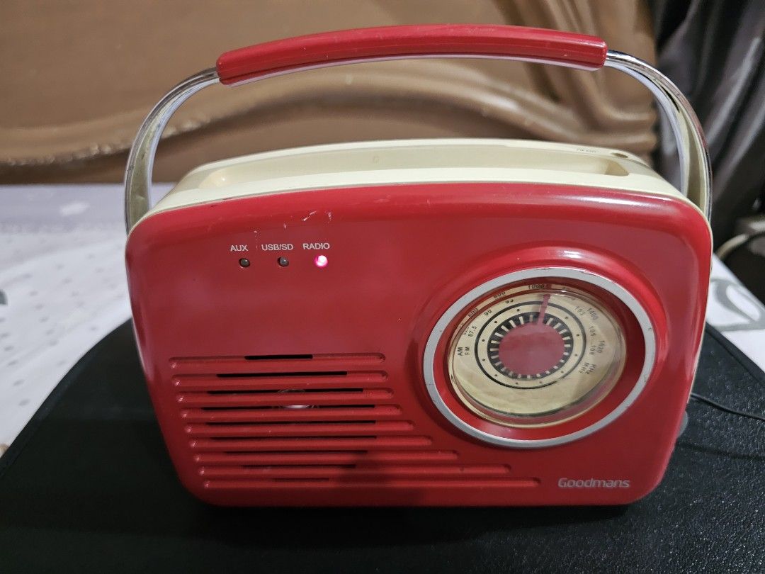 Goodmans Retro Radio Bluetooth Speaker USB SD AUX (Category: Soundbars, Speakers & Amplifiers) located in Mandaluyong City. Submitted by selleyo (Listing ID 1448411124, Image 3). Description: - Vintage style Goodmans radio - Red and cream color - AUX, USB, and SD card inputs - Perfect for music lovers with a retro aesthetic - Works well - Portable with a convenient handle - Nice Sound - AM and PM - Needs 5V to 12V Cords - 220V - 4 Pcs. 1.5 Batter