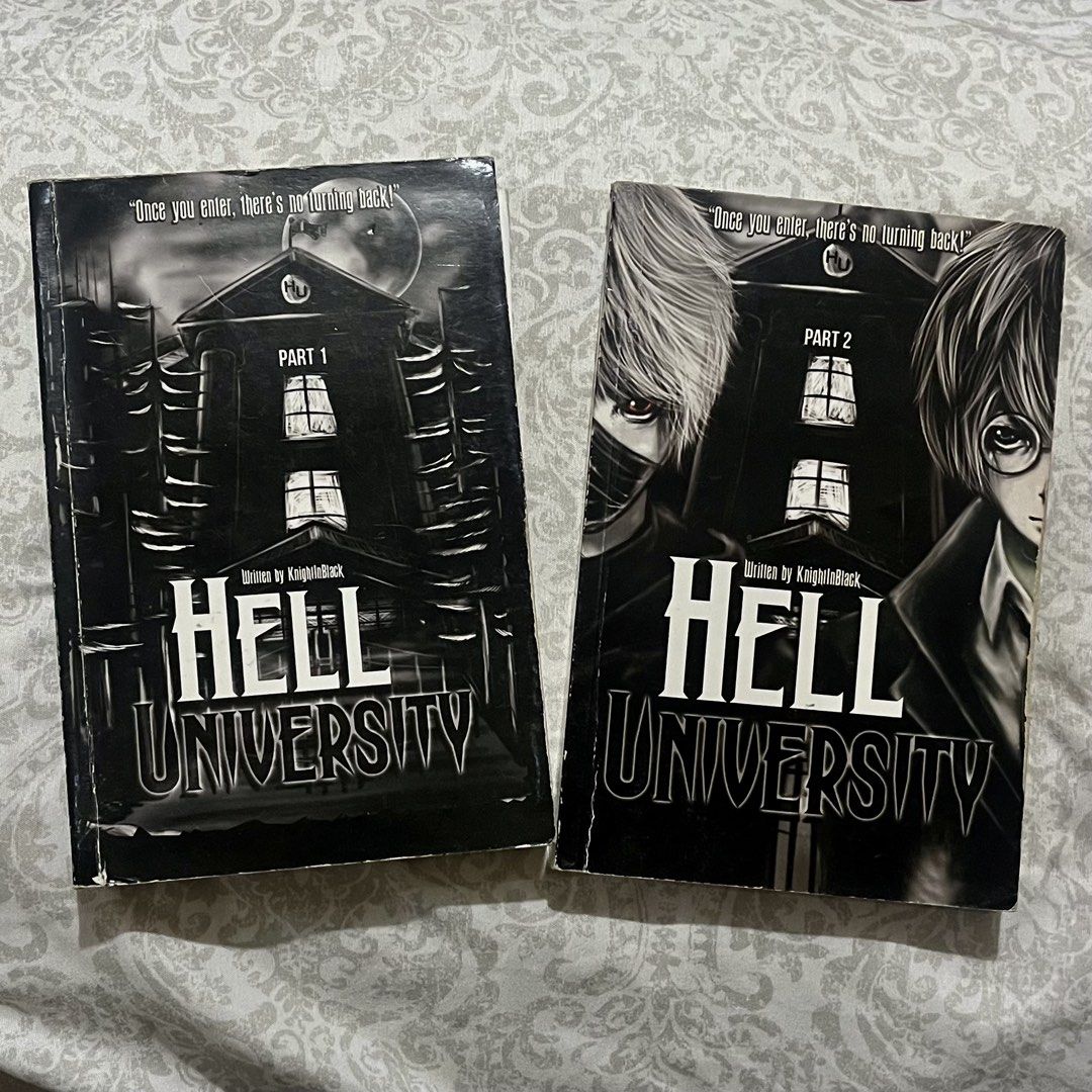 Hell University Part 1 & 2 by KnightsInBlack (Category: Storybooks) located in Batangas. Submitted by azlys (Listing ID 1448382779, Image 1). Description: 🎓 Complete Set: Hell University Part 1 + Part 2 ( by KnightInBlack ) 🎓 Authentic Original Book – no reprint / fake 🎓Has some signs of usage 🎓 Pages are clean, no tears, no stains, no writings/markings 🎓 All pages are intact, binding is still strong— not loose 🎓 Perfect for collection or r
