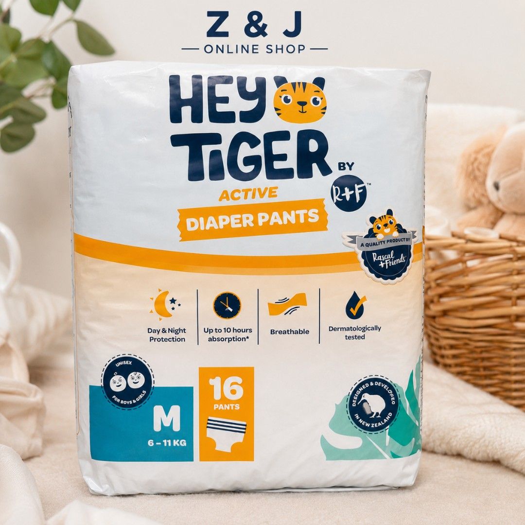 Hey Tiger Active Diaper Pants Size M (16 Pants) (Category: Diapers & Baby Wipes) located in Bulacan. Submitted by zj.onlineshop (Listing ID 1448407093, Image 1). Description: - Hey Tiger Active Diaper Pants - Size: Medium (M) - Fits: 6-11 KG - Quantity: 16 pants per pack - Protection: Up to 10 hours for day & night - Features: Breathable, dermatologically tested - Origin: Designed & developed in New Zealand.