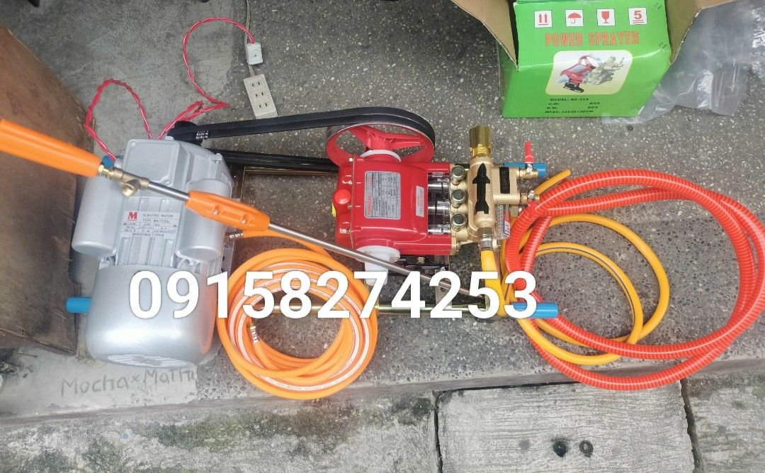 High-Pressure Sprayer Pump with Motor and Hoses (Category: Construction Tools & Equipment) located in Pasig City. Submitted by acal_1989 (Listing ID 1448346709, Image 1). Description: Kawasaki power sprayer belt type set complete set (Ready to use) ₱7,000 1.5 hp Mindong Aluminum Electric Motor Kawasaki head Pump KC25A • 1 pc Pulley • Bolt and nuts for Pump • 1 pc 10 METERS HOSE • 1 pc Suction Hose • 1 pc Strainer • 1pc Overflow Hose • 2pcs Belt •