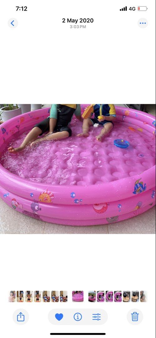 Inflatable pool (Category: Infant Playtime) located in Singapore. Submitted by threerss (Listing ID 1448390211, Image 1). Description: Inflatable pool around 1.5m in diameter. Fit nicely into balcony or garden. Suitable for toddlers. I’m good condition. .