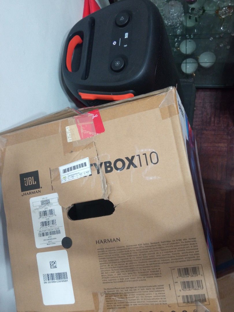 JBL PartyBox 110 Portable Speaker with Lights (Category: Soundbars, Speakers & Amplifiers) located in Antipolo. Submitted by jiggst17 (Listing ID 1448309566, Image 2). Description: - Powerful JBL PartyBox 110 speaker - Ideal for parties and gatherings - Features bass boost for enhanced sound - Includes dynamic light effects - Comes with power cables and quick start guide - Original box included.