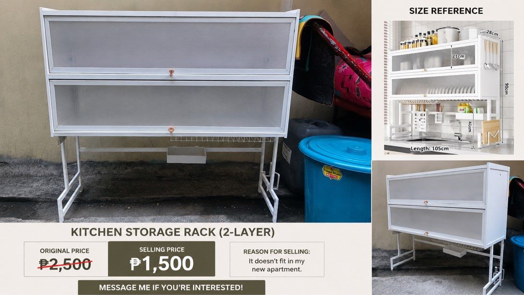 Kitchen Rack Storage (Category: Food Organization & Storage) located in Las Pinas. Submitted by calmbear.b4f2ec (Listing ID 1448420685, Image 1). Description: Kitchen Storage Rack (2-Layer) – ₱1,500 Selling my 2-layer kitchen storage rack. * Original Price: ₱2,500 * Selling Price: ₱1,500 Reason for Selling: It doesn’t fit in my new apartment. Please check the 3rd photo for the exact dimensions and size reference. Message me if you’re interested!.