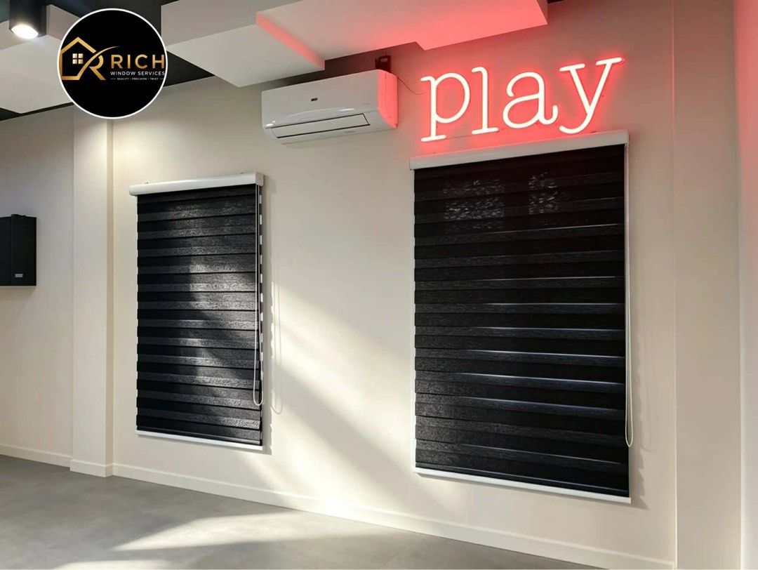 KOREAN WINDOW COMBI BLINDS (Category: Curtains & Blinds) located in San Juan City. Submitted by swiftdeer.6a89d9 (Listing ID 1448383763, Image 1). Description: - Modern zebra roller blinds with alternating sheer and opaque stripes. - Easily control light and privacy levels. - Available in stylish black, white, and neutral beige. - Ideal for living rooms, bedrooms, and offices. - Provides a clean, contemporary finish to your windows..