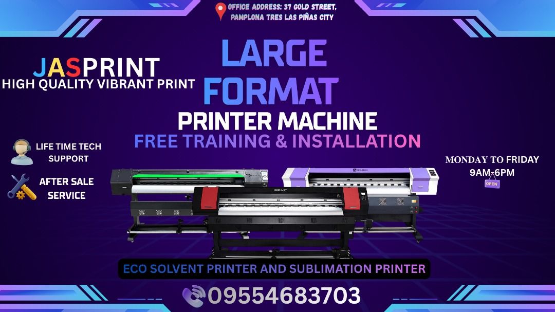 LARGE FORMAT PRINTER SUPPLIER FOR TARPAULIN SUBLIMATION (Category: Printers, Scanners & Copiers) located in Manila. Submitted by melvinflor41363 (Listing ID 1448296393, Image 1). Description: SUPPLIER HERE! WE ARE LEGIT SUPPLIER OF LARGE FORMAT PRINTER MACHINE Price Starts @ Php159,000 We are legit supplier of Brand New DX11, Dual Head DX11 & i3200 Tarpaulin Sublimation Printer Machine 6ft and 10ft, Brand New Laser Cutter and Brand New Cutter Plo