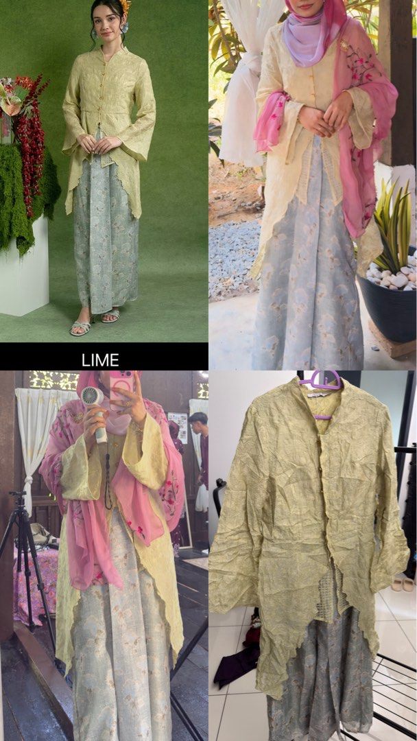 Lime Green Lace Kebaya Top with Floral Skirt (Category: Baju Kurung & sets) located in Kuala Lumpur. Submitted by iedazainol (Listing ID 1448312268, Image 1). Description: - Beautiful lime green lace kebaya top - Features elegant bell sleeves - Unique asymmetrical hemline on the top - Includes a matching grey floral print sarong skirt - Perfect for events and festive occasions - Lovely textured fabric feel - Sold as a complete set - Worn twice on