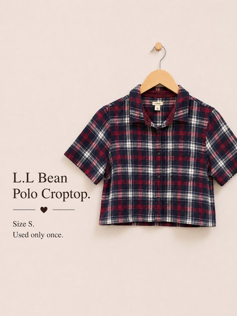 L.L. Bean Plaid Polo Croptop Size S (Category: Others Tops) located in Bacolor. Submitted by jslpnd (Listing ID 1448292765, Image 1). Description: - L.L. Bean polo croptop - Classic plaid pattern - Short sleeves - Button-up front - Textured collar detail - Size S - Worn only once - Perfect for a casual, stylish look.