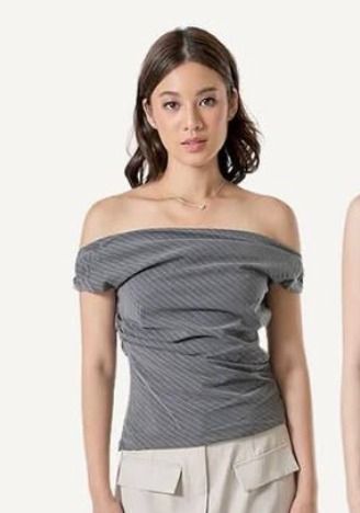 Love, Ara - Grey Pinstripe Shoulder Strap Asymmetrical Top (Category: Sleeveless) located in Davao. Submitted by 666declutters (Listing ID 1446889265, Image 3). Description: - XS to S frames - Used once only - No When Worn - Grey sleeveless top - Elegant drape neckline - Subtle white pinstripe detail - Stylish asymmetrical hemline - Convenient side zip closure - Versatile for dressing up or down.