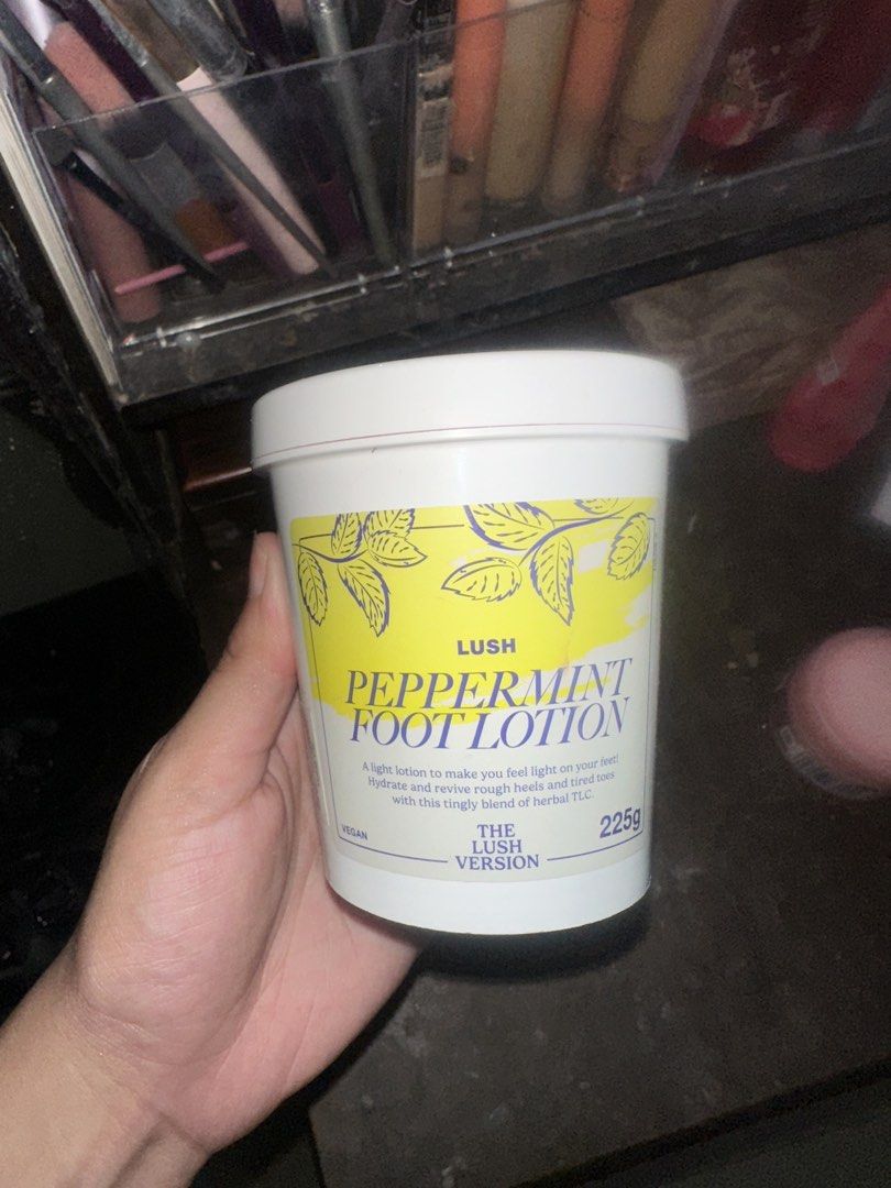 Lush Peppermint Foot Lotion 225g (Category: Body Care) located in Pasig City. Submitted by declutterisreal (Listing ID 1448328229, Image 1). Description: Lush Peppermint Foot Lotion. 225g tub. A light lotion to make you feel light on your feet. Hydrates and soothes tired feet. Tingling blend of herbal TLC. Vegan. Made by Lush..