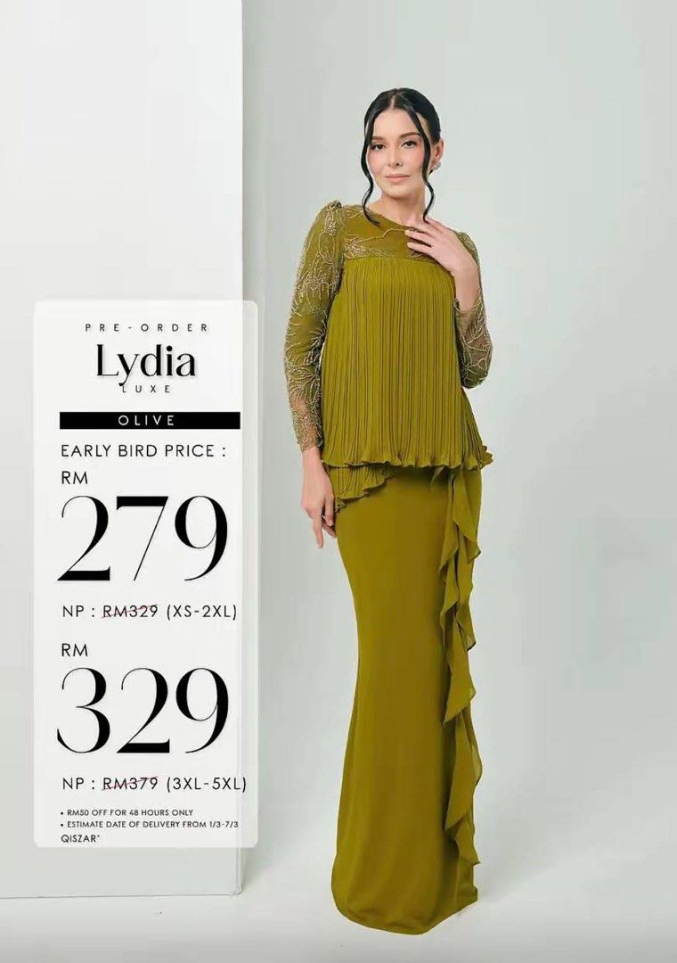 Lydia luxe (Category: Traditional & Ethnic wear) located in Kuala Lumpur. Submitted by atiniyaa9876667 (Listing ID 1448387005, Image 1). Description: 2pcs Xs Olive green .