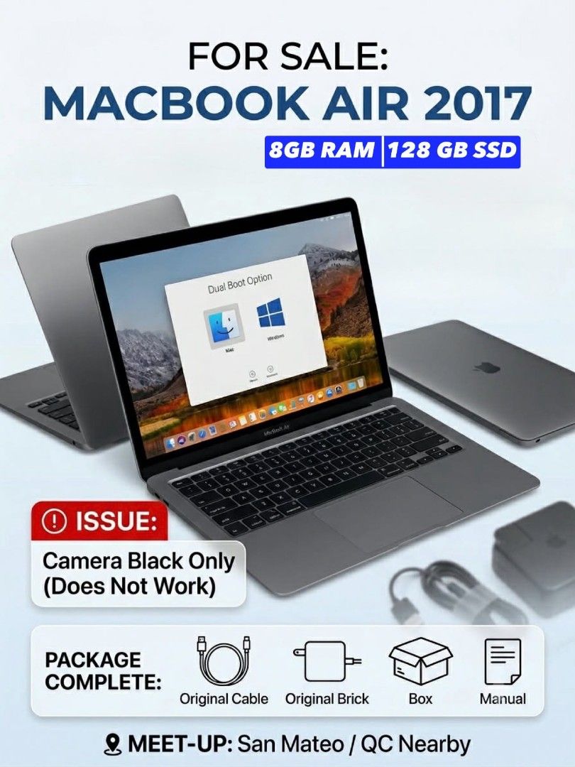 MacBook Air 2017 8GB RAM 128GB SSD (Category: Laptops & Notebooks) located in Manila. Submitted by Decca0310 (Listing ID 1448440297, Image 1). Description: - MacBook Air 2017 Model - 8GB RAM - 128GB SSD Storage - Complete Package: Original Cable, Original Brick, Box, Manual - **Note:** Camera is black/not working - Meet-up available in San Mateo / QC Nearby.