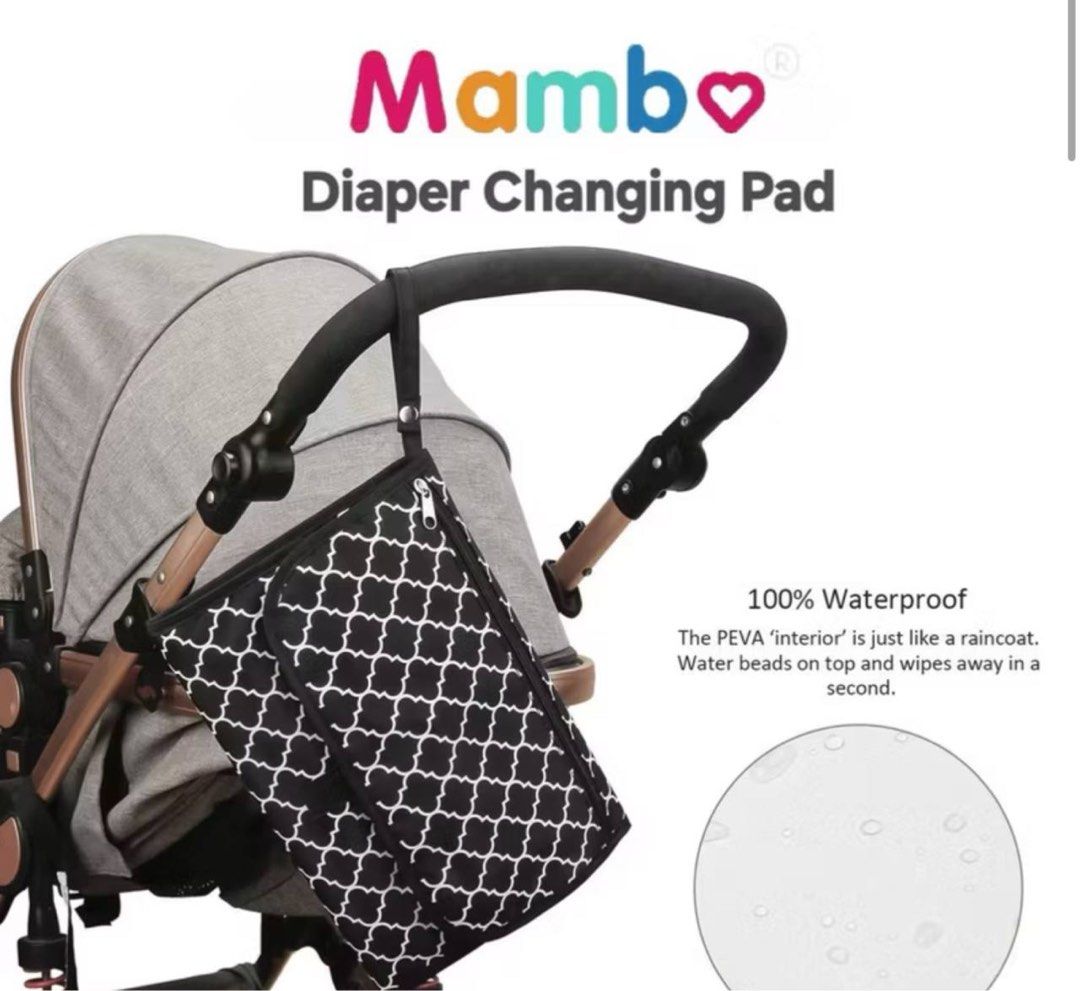 Mambo Diaper Changing Pad with Pockets for Stroller (Category: Changing Mats & Accessories) located in Quezon City. Submitted by mikarchives (Listing ID 1448354778, Image 1). Description: - Diaper changing pad with pockets and hook for stroller and easy carry - Folds compactly and features a convenient wrist strap - Interior includes a padded changing mat - Soft and easy to clean material.