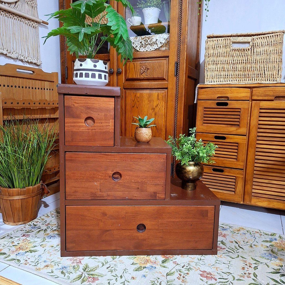Nagomi Multi-functional Wooden staircase drawer storage unit (Category: Shelves, Cabinets & Racks) located in Dasmarinas. Submitted by millennialmeetsvintage (Listing ID 1443020836, Image 1). Description: ✨SALE✨ BEFORE: 2500 NOW: 1999 H 62 x L 59 x W 30 cm made in japan fiberboard frame solid wood drawers top part needs repaint selling low last price posted, no haggling 🙅🏻‍♀️ 🌍ships from DASMA, CAVITE 🚚 shipping via Lalamove only ❌no reservat