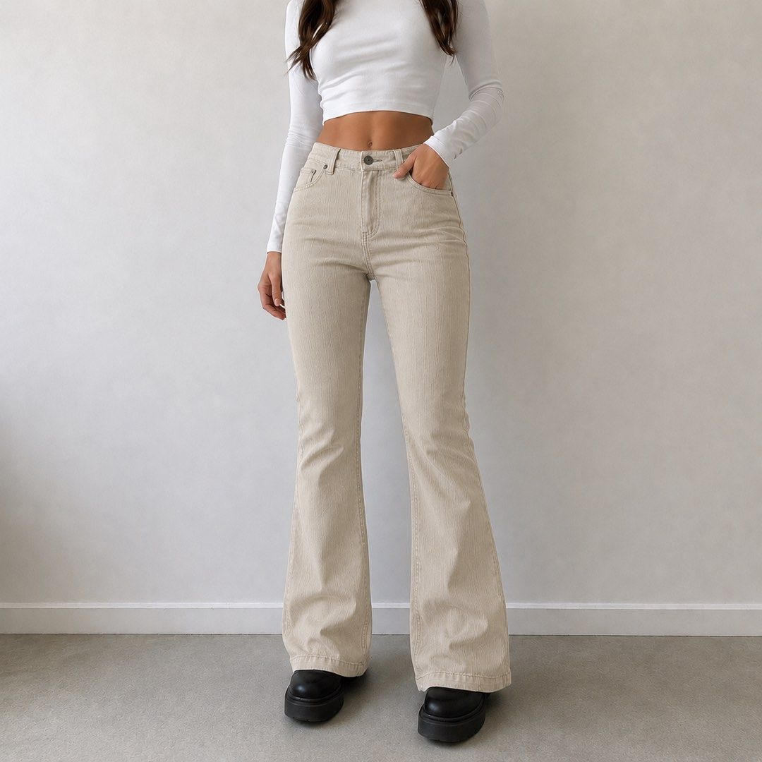 New Look Beige Striped Flare Jeans (Category: Jeans) located in San Ildefonso. Submitted by rgdeclutters (Listing ID 1448417410, Image 2). Description: L 34" W 28".