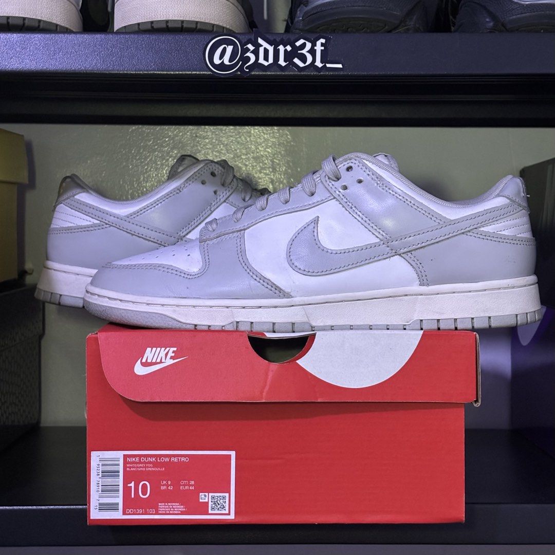 Nike Dunk Low 'Grey Fog' (Category: Sneakers) located in Bulacan. Submitted by zdref_ (Listing ID 1448337522, Image 1). Description: DECLUTTER/TRADE (10-10-5 ONLY) Dunk Low 'Grey Fog' USED 10 | Box, and Papers ₱2,000 Meet-up, Lalamove, J&T, or LBC.