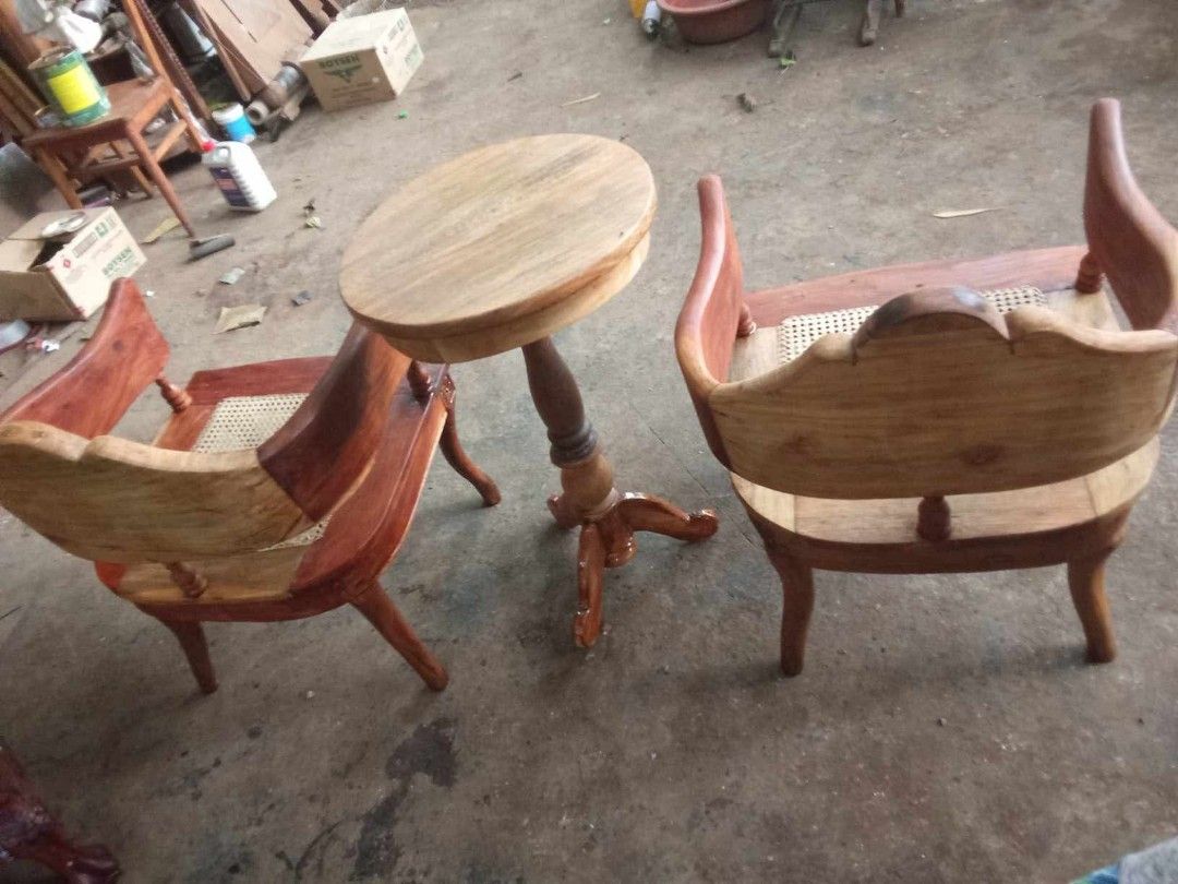 Old Coffee Table and Chairs (Category: Tables & Sets) located in Rizal. Submitted by mommykiee (Listing ID 1448346835, Image 2). Description: Old Coffee table & Chairs Made of acacia wood Newly installed solihiya Size: Chairs - L22 W22 H16-31inch Table - D17 H31inch Price: 10,500 pair.