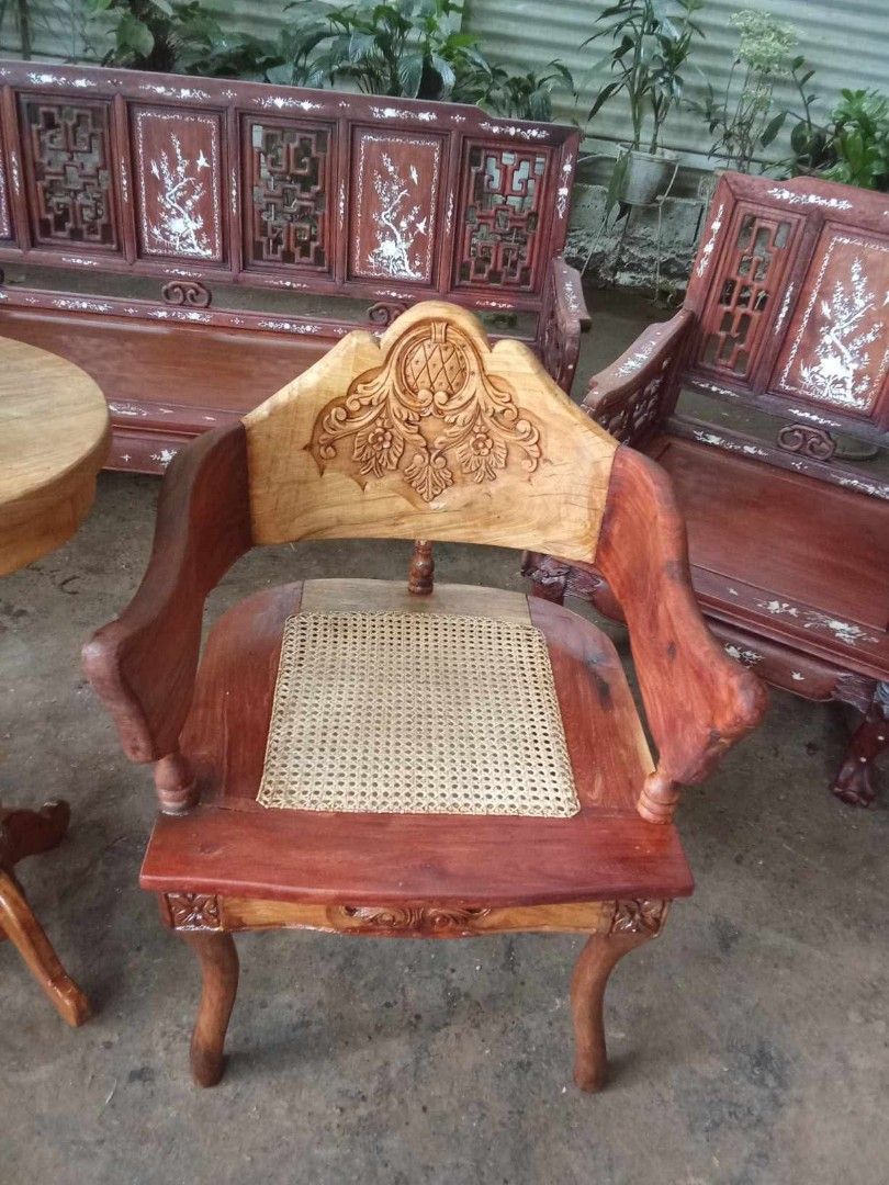 Old Coffee Table and Chairs (Category: Tables & Sets) located in Rizal. Submitted by mommykiee (Listing ID 1448346835, Image 3). Description: Old Coffee table & Chairs Made of acacia wood Newly installed solihiya Size: Chairs - L22 W22 H16-31inch Table - D17 H31inch Price: 10,500 pair.