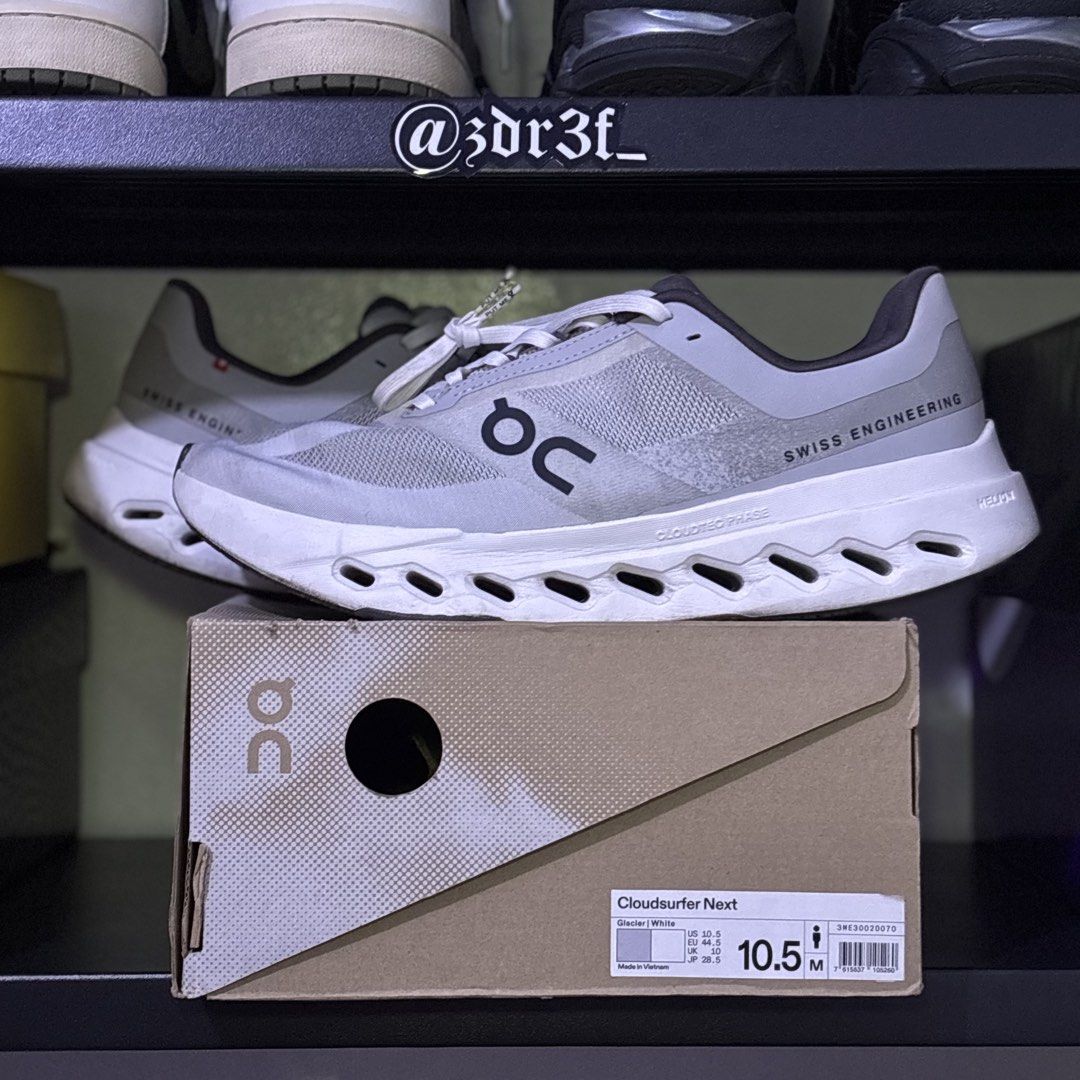 On Cloud Cloudsurfer Next 'Glacier White' (Category: Sneakers) located in Bulacan. Submitted by zdref_ (Listing ID 1448337554, Image 1). Description: DECLUTTER/TRADE (10-10-5 ONLY) On Cloud Cloudsurfer Next 'Glacier White' USED 10.5 | Box, and Papers ₱5,500 Meet-up, Lalamove, J&T, or LBC.