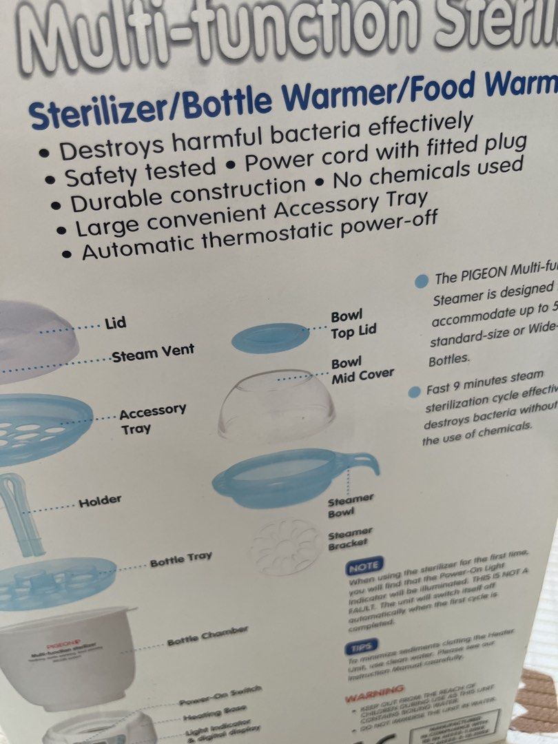 Pigeon multi function Steriliser (Category: Breastfeeding & Bottle Feeding) located in Singapore. Submitted by bubble_tea7788 (Listing ID 1448359477, Image 2). Description: Well used pigeon multi function Steriliser. Mainly use for heat sterilising, although can also be used for heating milk/steaming food. Still functioning well, need to descale. Missing bowl top lid for steaming, which can be replaced using any other lids (see 2nd photo) Self co