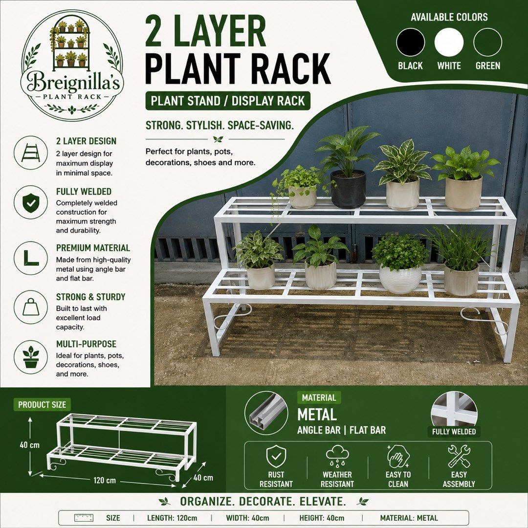 Plant Stand (Category: Plants & Seeds) located in Antipolo. Submitted by breignilla (Listing ID 1448445310, Image 1). Description: 🌿 Upgrade Your Space with Our 2-Layer Stair Type Plant Rack! 🌿 Give your plants the perfect place to grow and shine! ✨ Made with fully welded construction using premium angle bar & flat bar, this sturdy metal rack is built to last while adding style to your home, balcony, garden, or business. ✅ Fully Welded Construc
