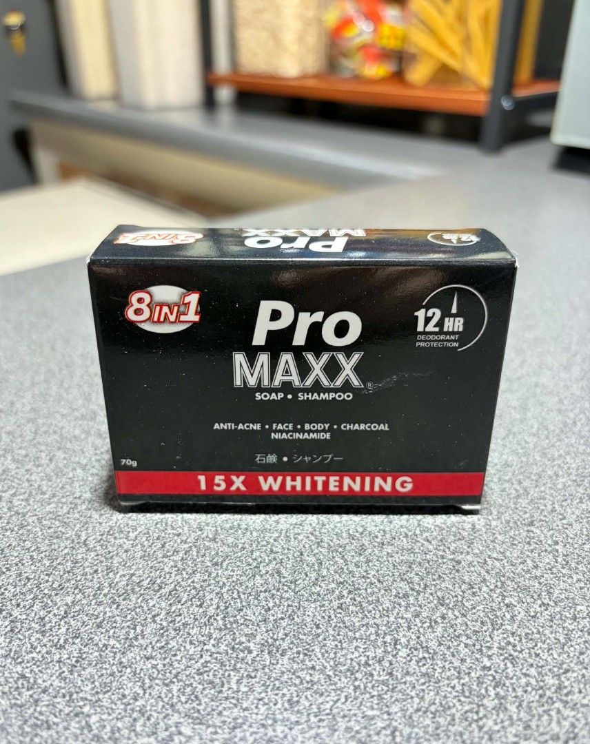 Pro Maxx 8-in-1 Soap Shampoo 70g (Category: Bath) located in Quezon City. Submitted by dkzweb (Listing ID 1448368829, Image 1). Description: - Pro Maxx 8-in-1 Soap & Shampoo Bar - Fights acne - 15x whitening power - 12-hour deodorant protection - Contains charcoal and niacinamide - Suitable for face and body - Get yours today!.