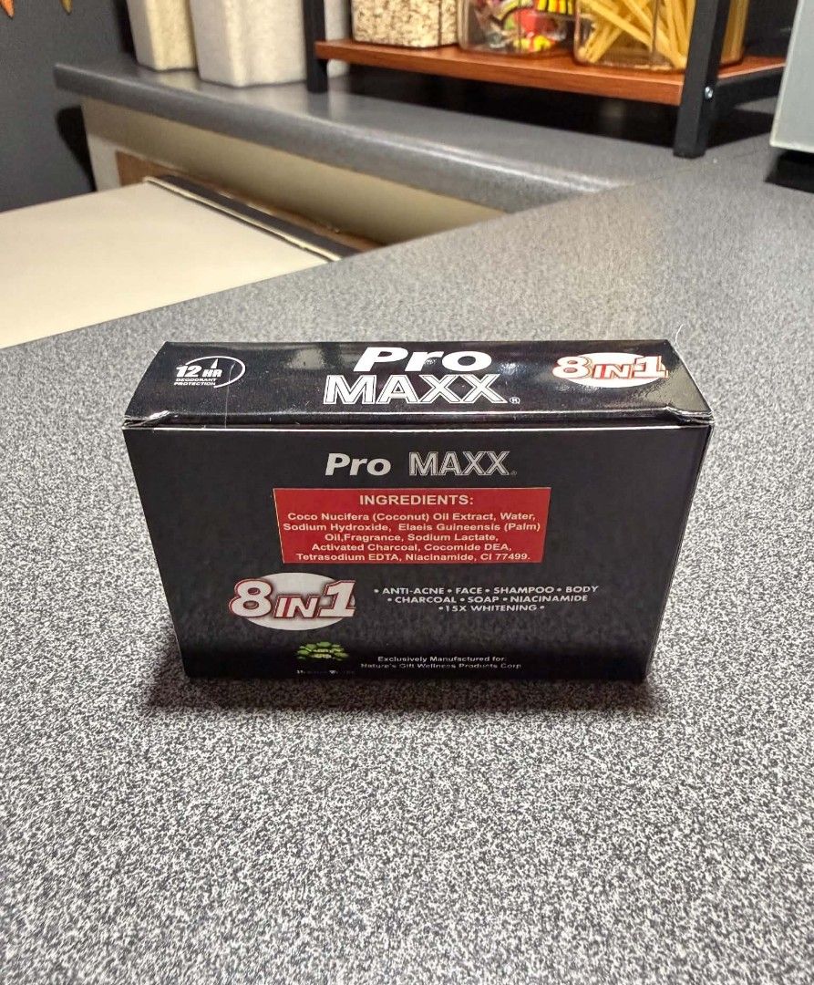 Pro Maxx 8-in-1 Soap Shampoo 70g (Category: Bath) located in Quezon City. Submitted by dkzweb (Listing ID 1448368829, Image 2). Description: - Pro Maxx 8-in-1 Soap & Shampoo Bar - Fights acne - 15x whitening power - 12-hour deodorant protection - Contains charcoal and niacinamide - Suitable for face and body - Get yours today!.