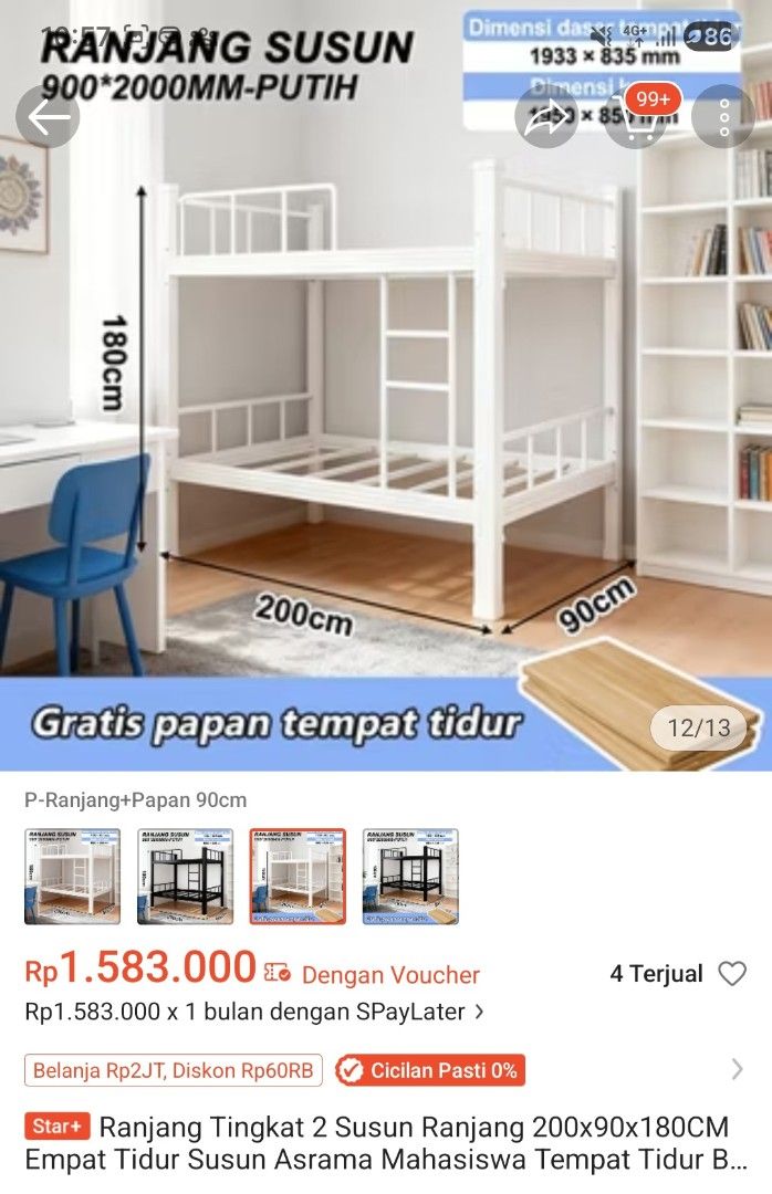 Ranjang tingkat 90x200 (Dipan Tingkat) (Kategori: Perabotan Rumah) berada di Jakarta Timur. Dikirim oleh dammmoonlights (ID iklan 1448306854, Gambar 3). Deskripsi: Preloved pemakaian pribadi, tidak ada cacat/kerusakan berarti jadi masih bagus dan layak untuk dipakai yaa Besi baja tebal dan kokoh, pijakan tangga ke kasur tingkatnyapun lebar Dijual karna ingin pindah Pengiriman dari Harapan Indah (Bekasi).