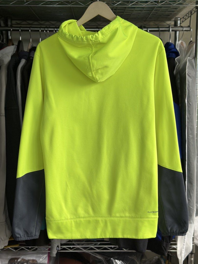 Reebok playwarm hoodie thin fleece (Category: Coats, Jackets and Outerwear) located in Daet. Submitted by thrifthings2018 (Listing ID 1448340673, Image 3). Description: - width 22 Lengtb 28 Bright neon yellow Reebok hoodie - Size S - Drawstring hood - Two side pockets - Contrasting dark grey sleeve panels - Ideal for workouts or casual wear.