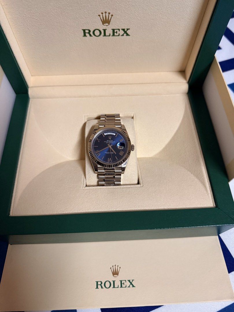 Rolex Day Date 40- White Gold- Blue (Category: Luxury Watches) located in Quezon City. Submitted by liesahmarie (Listing ID 1448453605, Image 3). Description: Rolex Day Date 40 - White Gold Blue Ombre Dial #228239 Bought in a Rolex boutique Complete with box and papers First owner Dm for serious buyers only!.