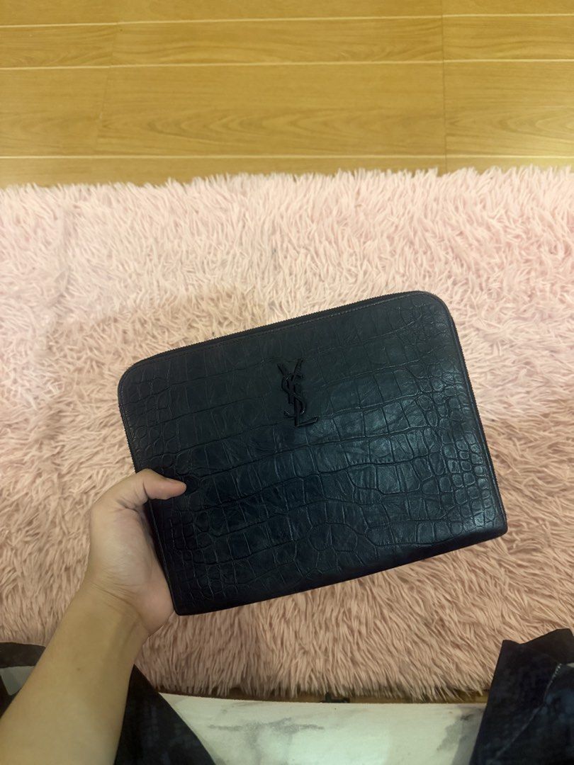 Saint Laurent Black Croc Embossed Pouch Authentic (Category: Luxury Bags & Wallets) located in Calamba. Submitted by leeadriannn796 (Listing ID 1448432636, Image 2). Description: - original , no box include but 100% sure original ( gift birthday sakin ) - Authentic Saint Laurent pouch - Black color - Croc embossed texture - Iconic black YSL logo hardware - Zipper closure - Interior Saint Laurent Paris label - Made in Italy - Ideal for organizing 