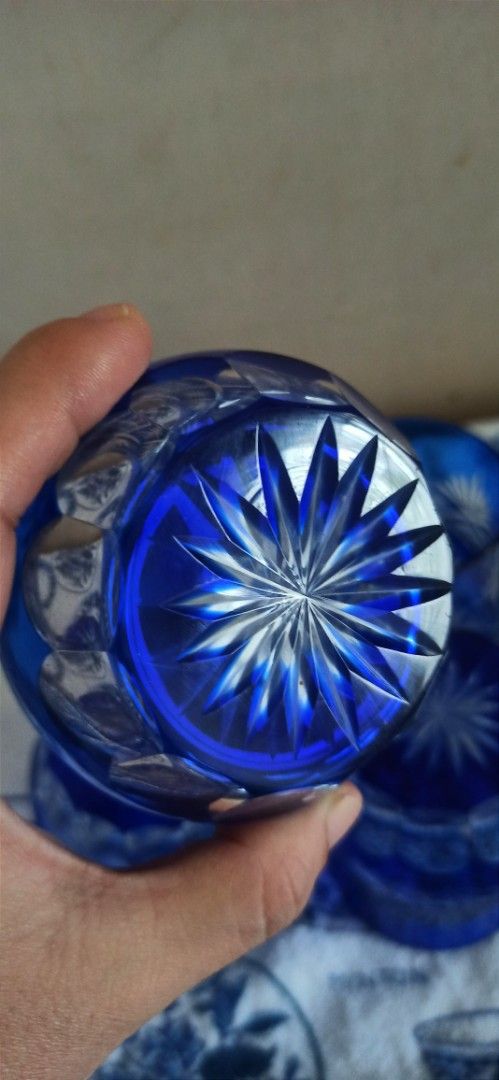 Set kiriko glass 4pcs blue (Category: Water Bottles & Tumblers) located in Iligan City. Submitted by mei.oredalas (Listing ID 1448337678, Image 1). Description: sold as set 4 pieces 9cm h x 6.7cm d #japansurplus.