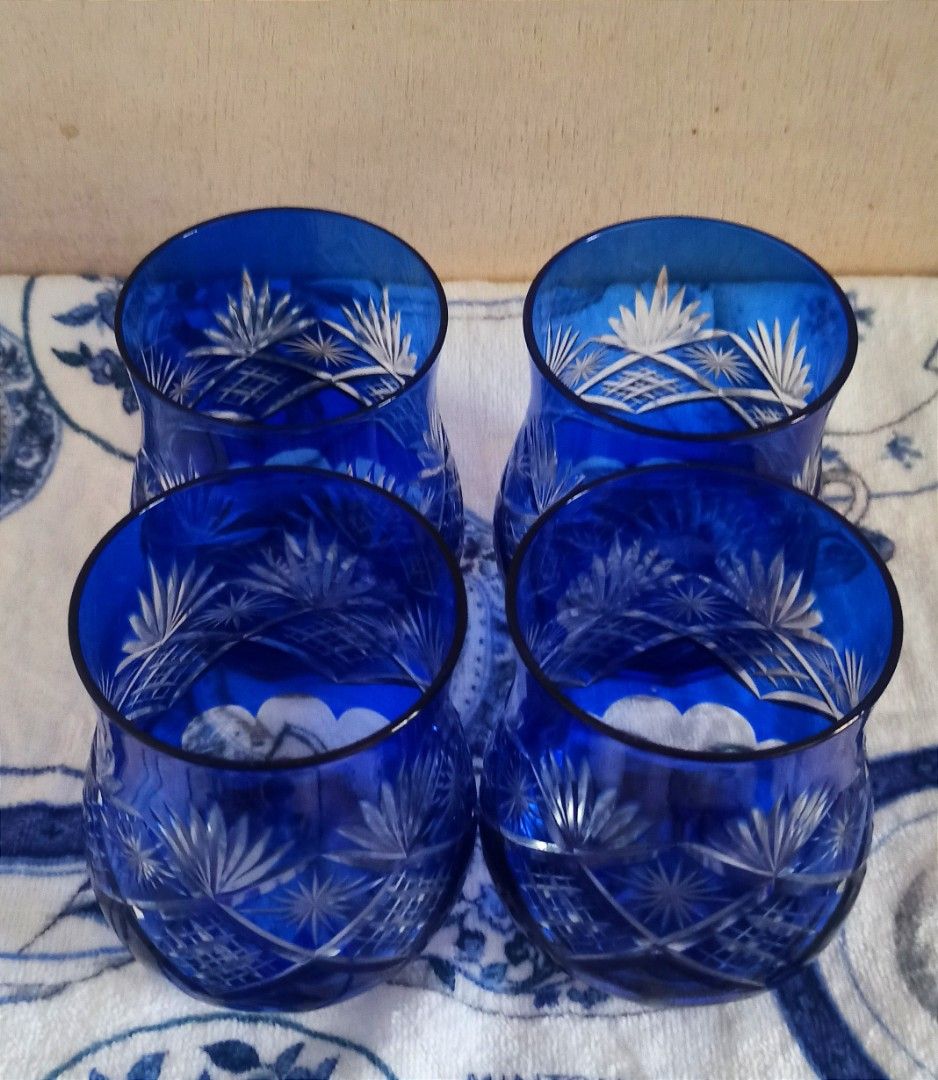 Set kiriko glass 4pcs blue (Category: Water Bottles & Tumblers) located in Iligan City. Submitted by mei.oredalas (Listing ID 1448337678, Image 2). Description: sold as set 4 pieces 9cm h x 6.7cm d #japansurplus.